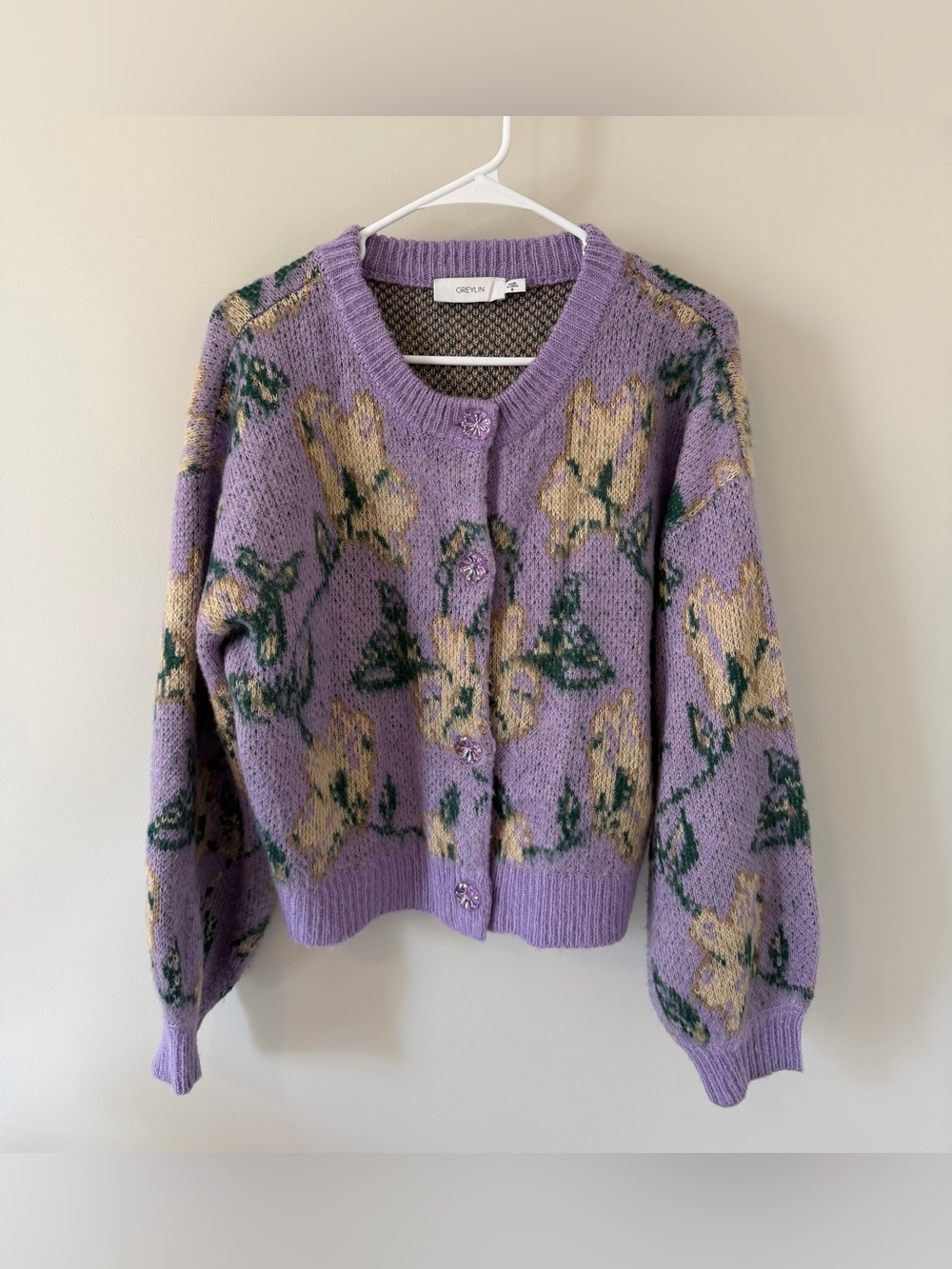 Anthropologie Greylin Printed Floral Cardigan Sweater Purple Size Medium
